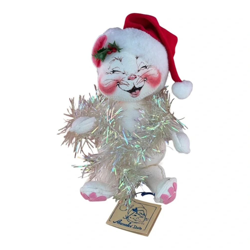 Vintage Annalee Christmas Cat Doll with Santa Hat & Tinsel